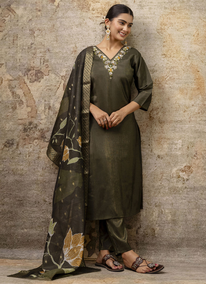 Vegaa Fashion Dark Mehendi Shimmer Silk Embroidered Salwar Suit