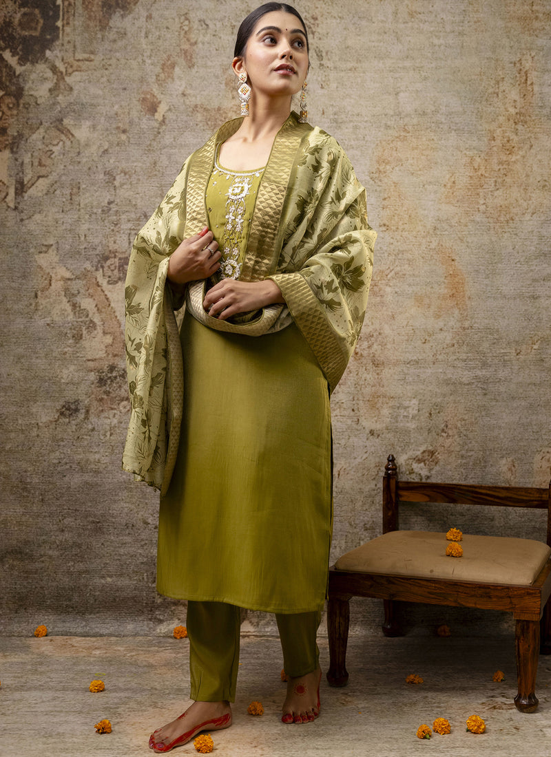 Vegaa Fashion Parrot Green Shimmer Silk Embroidered Salwar Suit