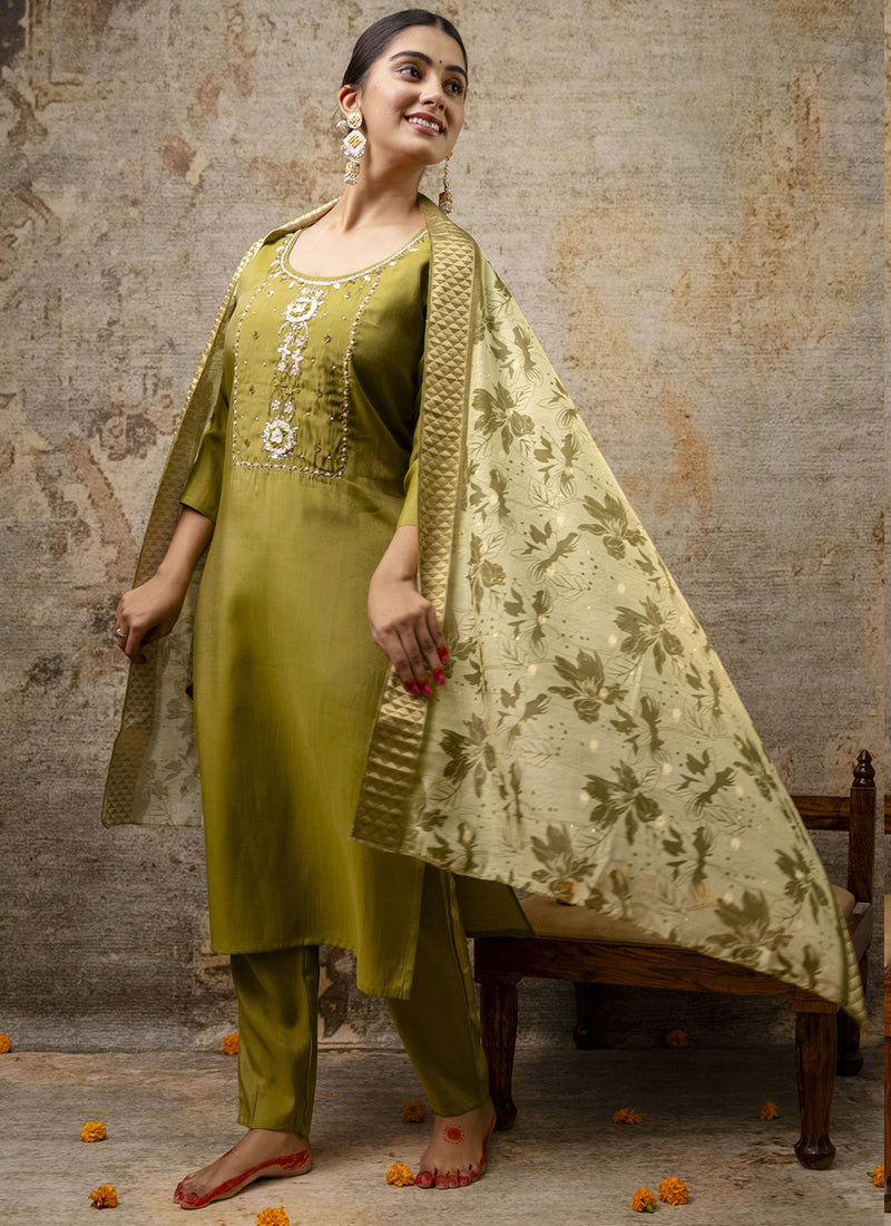 Vegaa Fashion Parrot Green Shimmer Silk Embroidered Salwar Suit