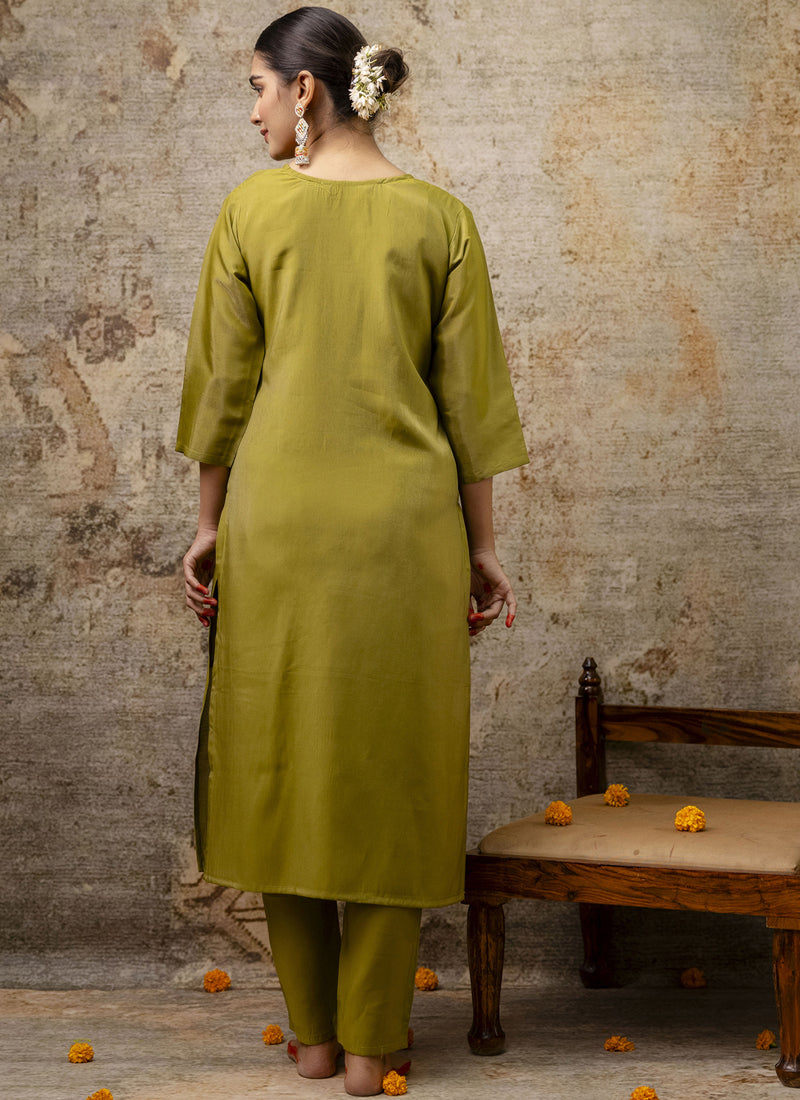 Vegaa Fashion Parrot Green Shimmer Silk Embroidered Salwar Suit