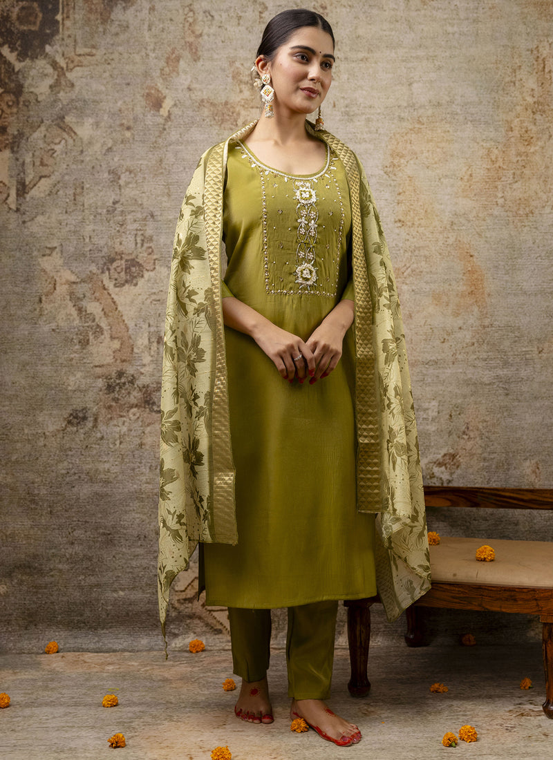 Vegaa Fashion Parrot Green Shimmer Silk Embroidered Salwar Suit