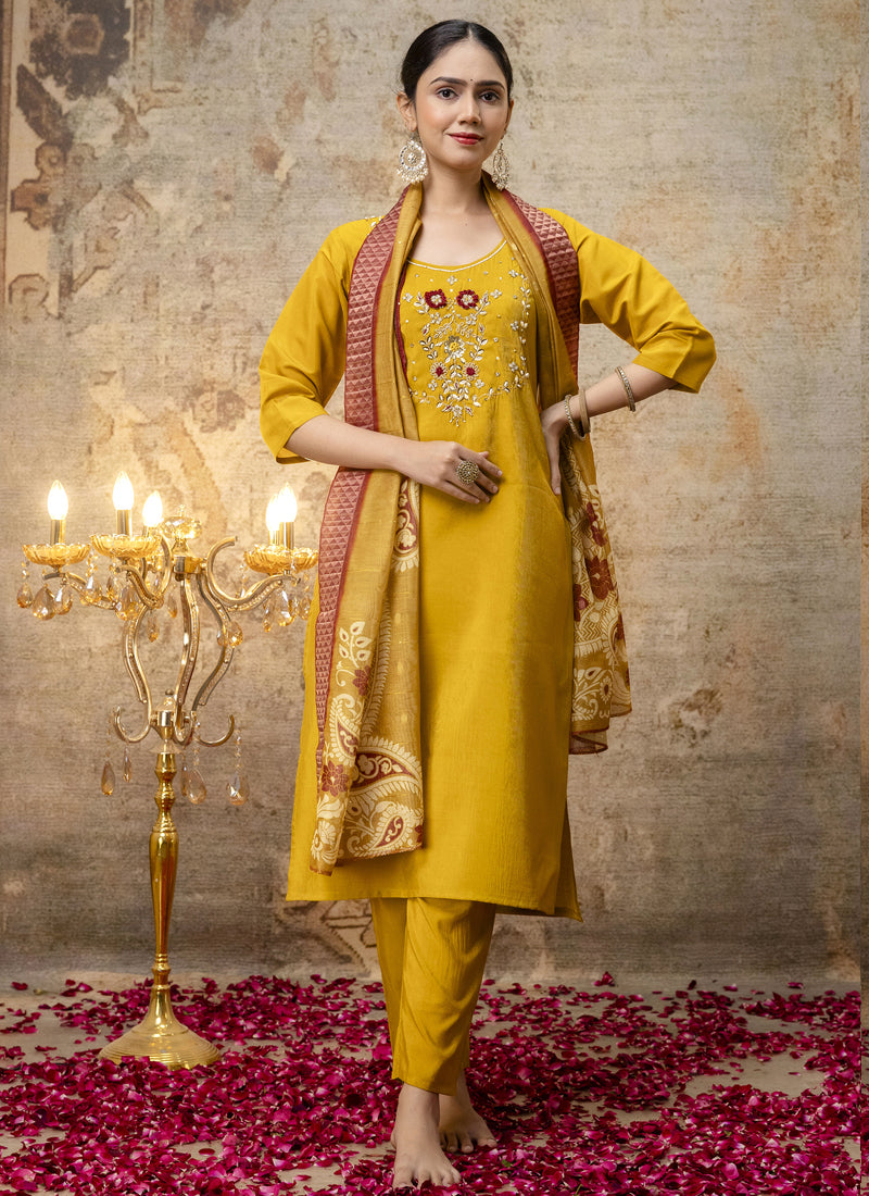 Vegaa Fashion Yellow Shimmer Silk Embroidered Salwar Suit