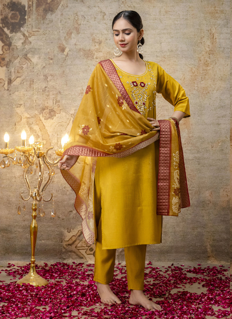 Vegaa Fashion Yellow Shimmer Silk Embroidered Salwar Suit
