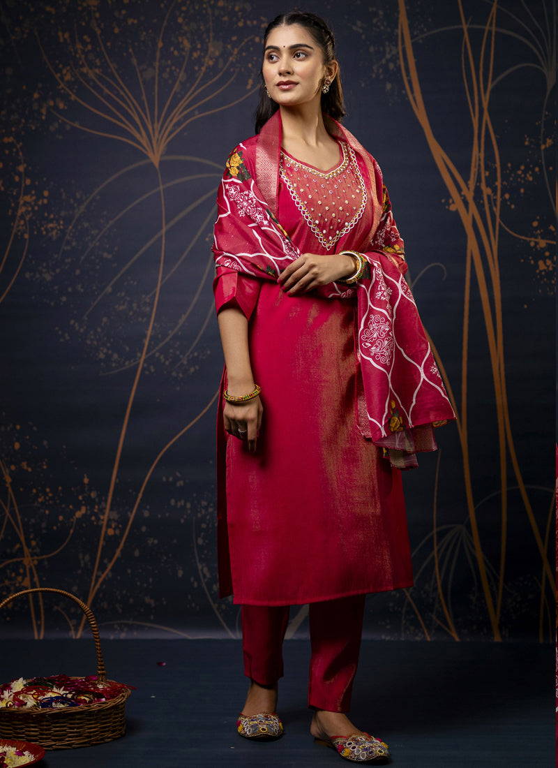 Vegaa Fashion Red Shimmer Silk Embroidered Salwar Suit