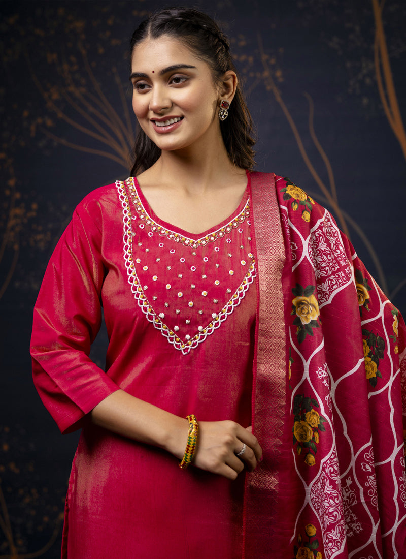 Vegaa Fashion Red Shimmer Silk Embroidered Salwar Suit