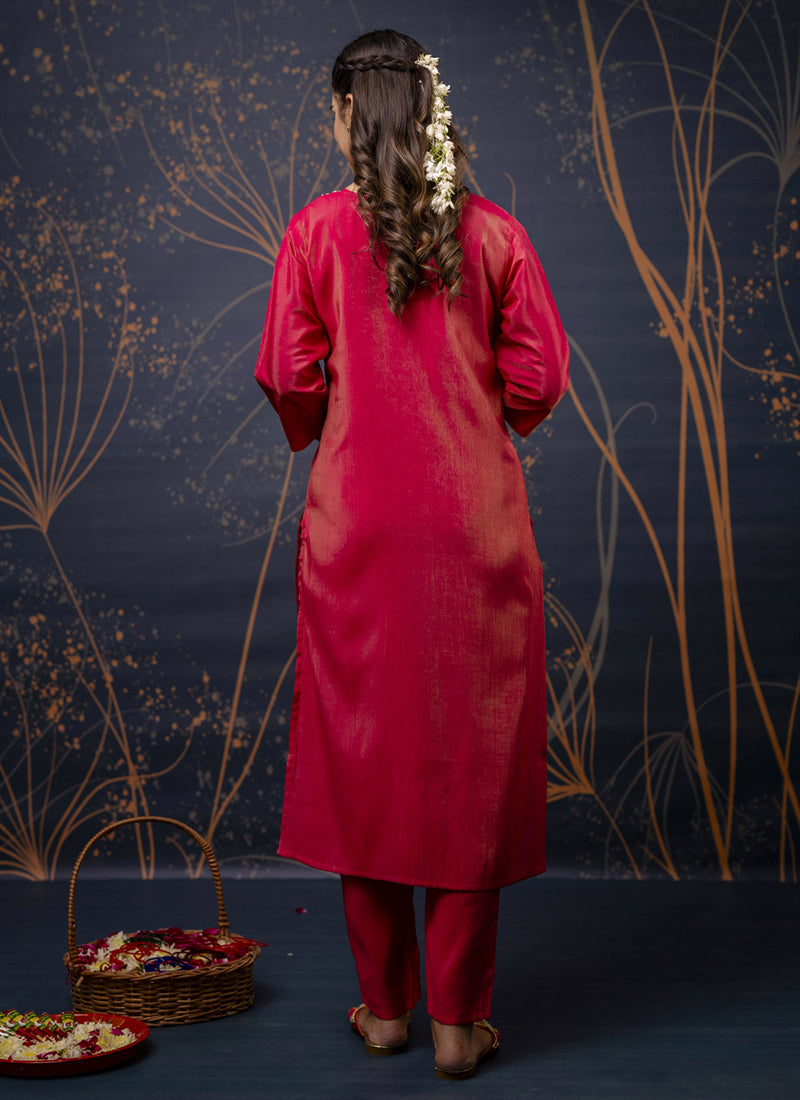 Vegaa Fashion Red Shimmer Silk Embroidered Salwar Suit