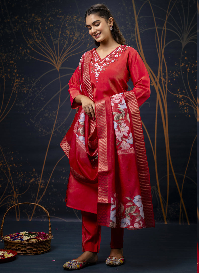 Vegaa Fashion Red Shimmer Silk Embroidered Salwar Suit