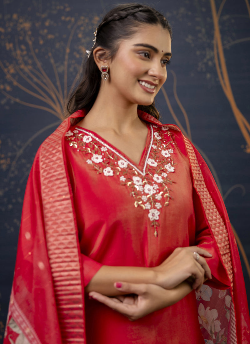 Vegaa Fashion Red Shimmer Silk Embroidered Salwar Suit