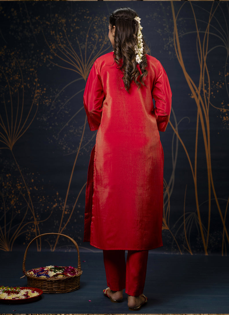 Vegaa Fashion Red Shimmer Silk Embroidered Salwar Suit