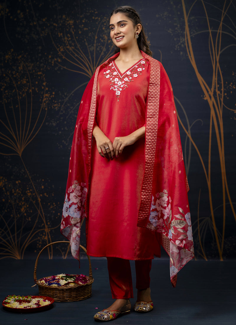 Vegaa Fashion Red Shimmer Silk Embroidered Salwar Suit
