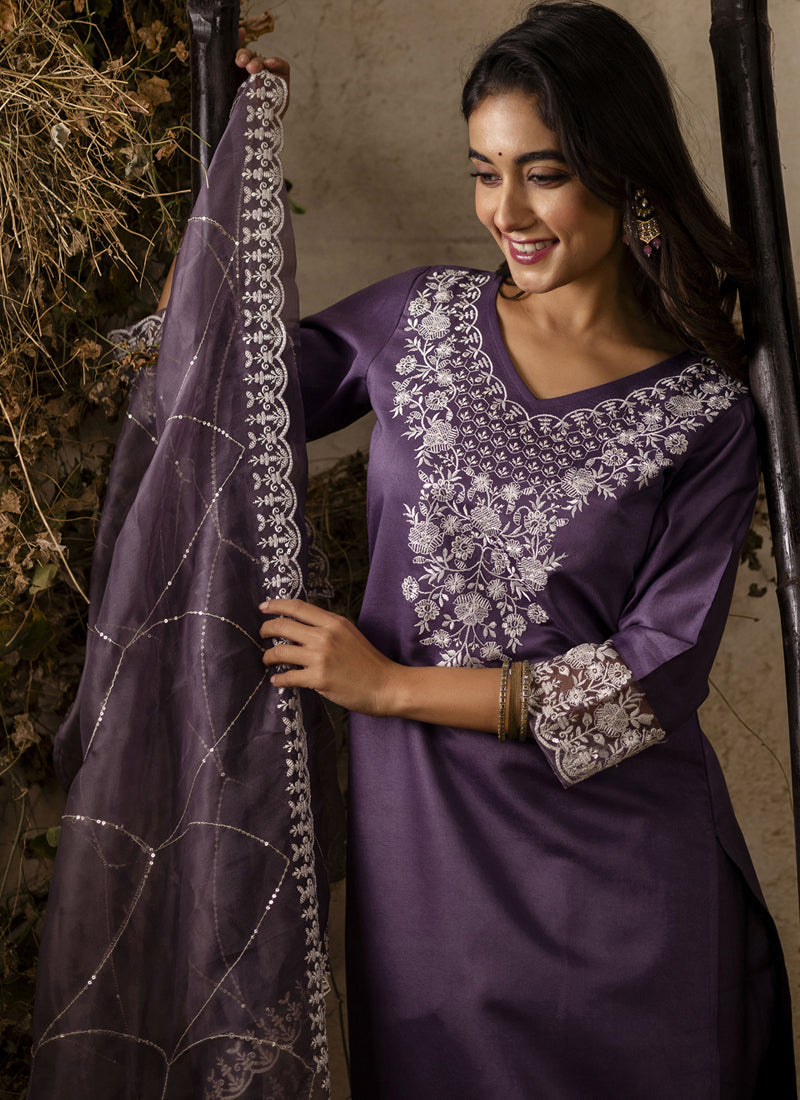 Vegaa Fashion Lavender Shimmer Silk Embroidered Salwar Suit