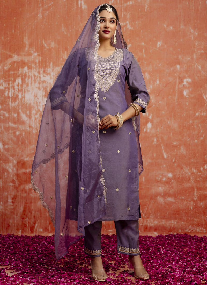 Vegaa Fashion Lavender Silk Blend Embroidered Salwar Suit