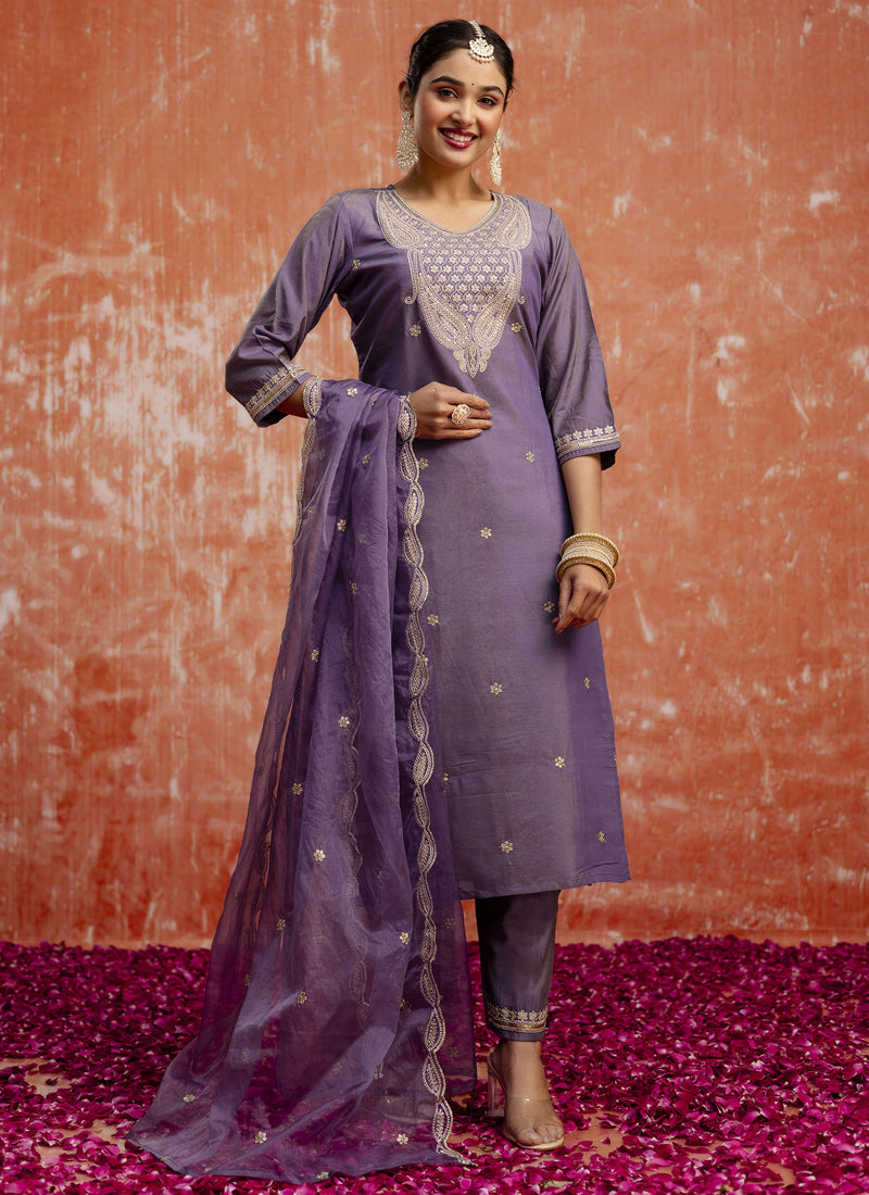 Vegaa Fashion Lavender Silk Blend Embroidered Salwar Suit