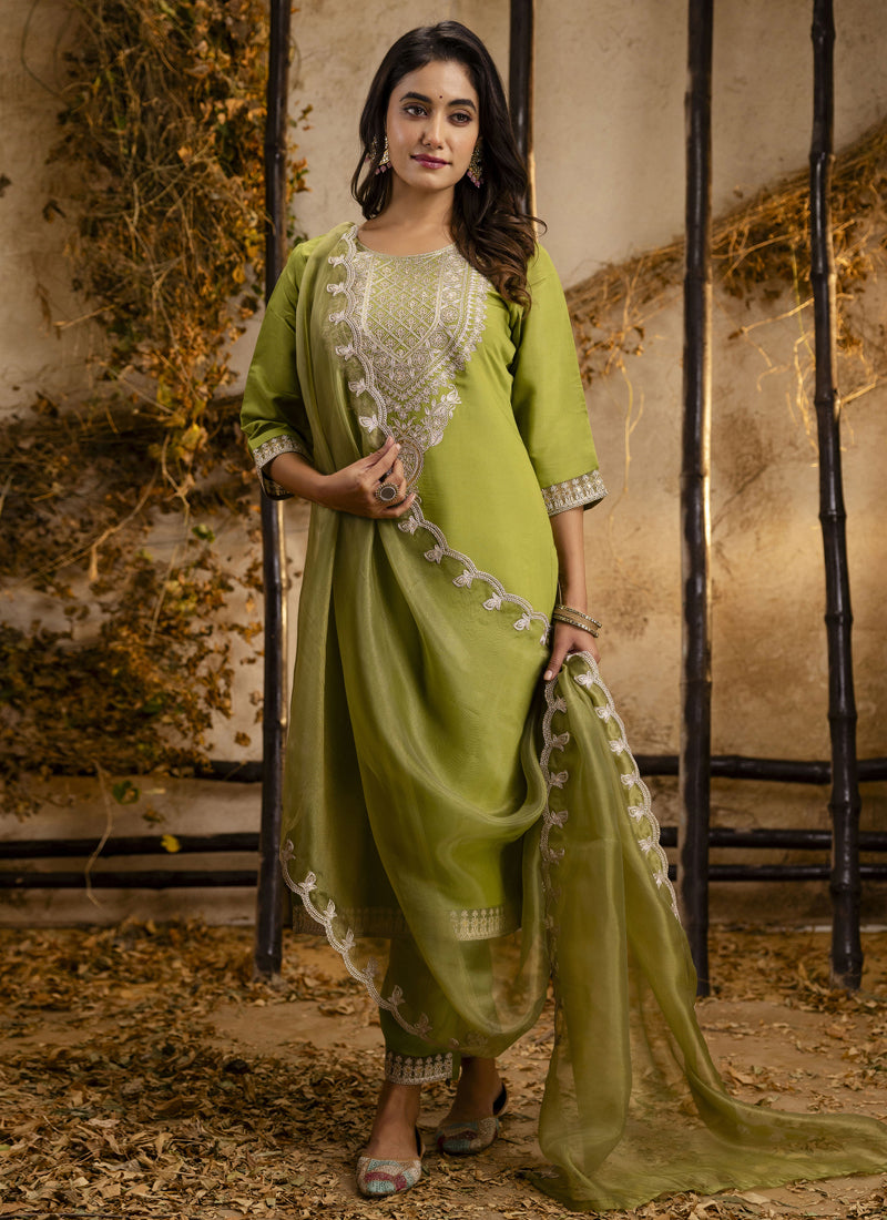 Vegaa Fashion Parrot Green Silk Blend Embroidered Salwar Suit