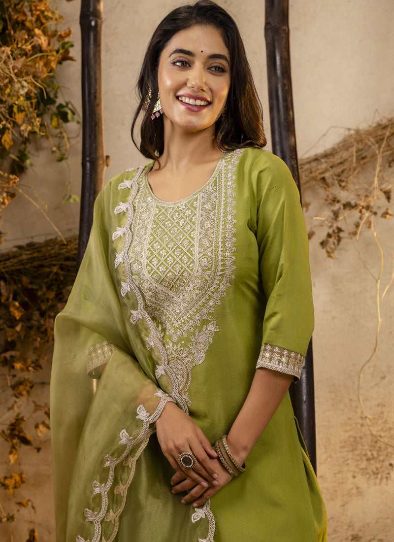 Vegaa Fashion Parrot Green Silk Blend Embroidered Salwar Suit