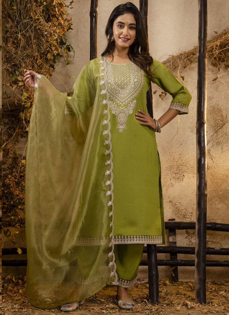 Vegaa Fashion Parrot Green Silk Blend Embroidered Salwar Suit