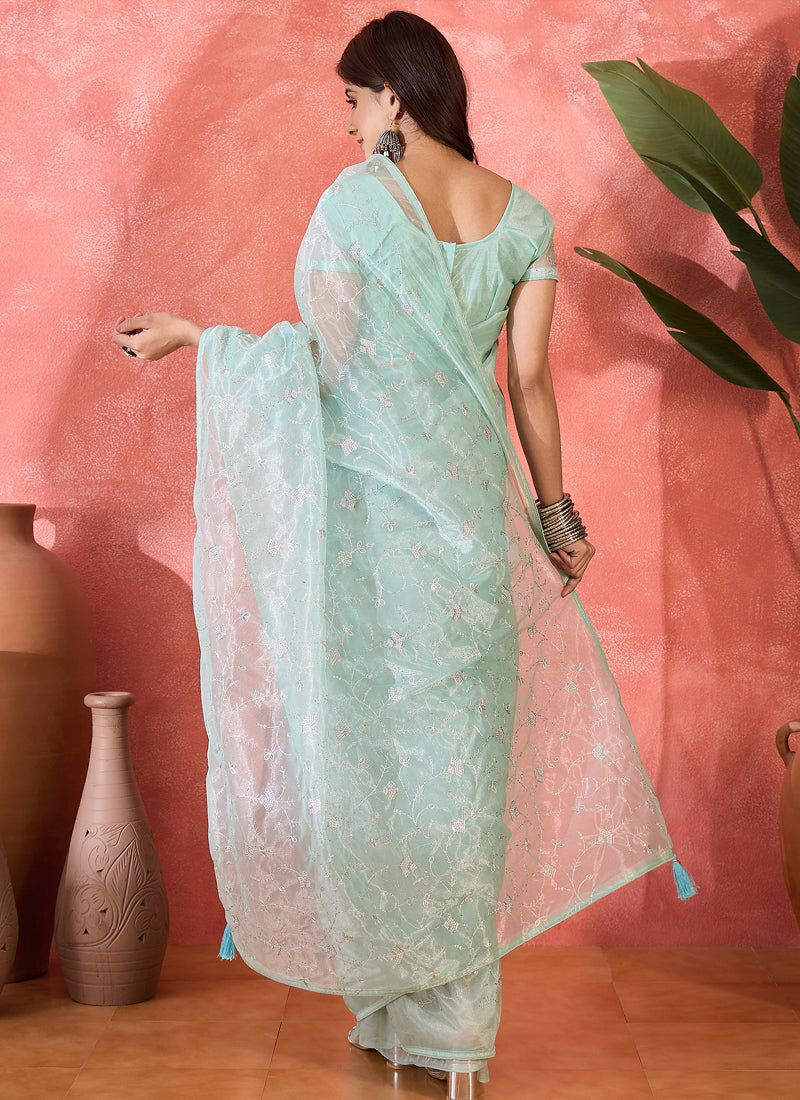 Vegaa Fashion Sea Green Organza Sequence Embroidered Party Wear Saree