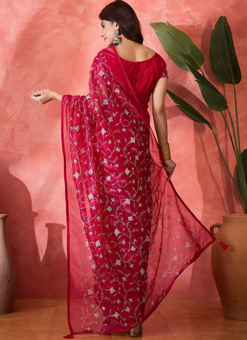 Vegaa Fashion Red Organza Sequence Embroidered Party Wear Saree