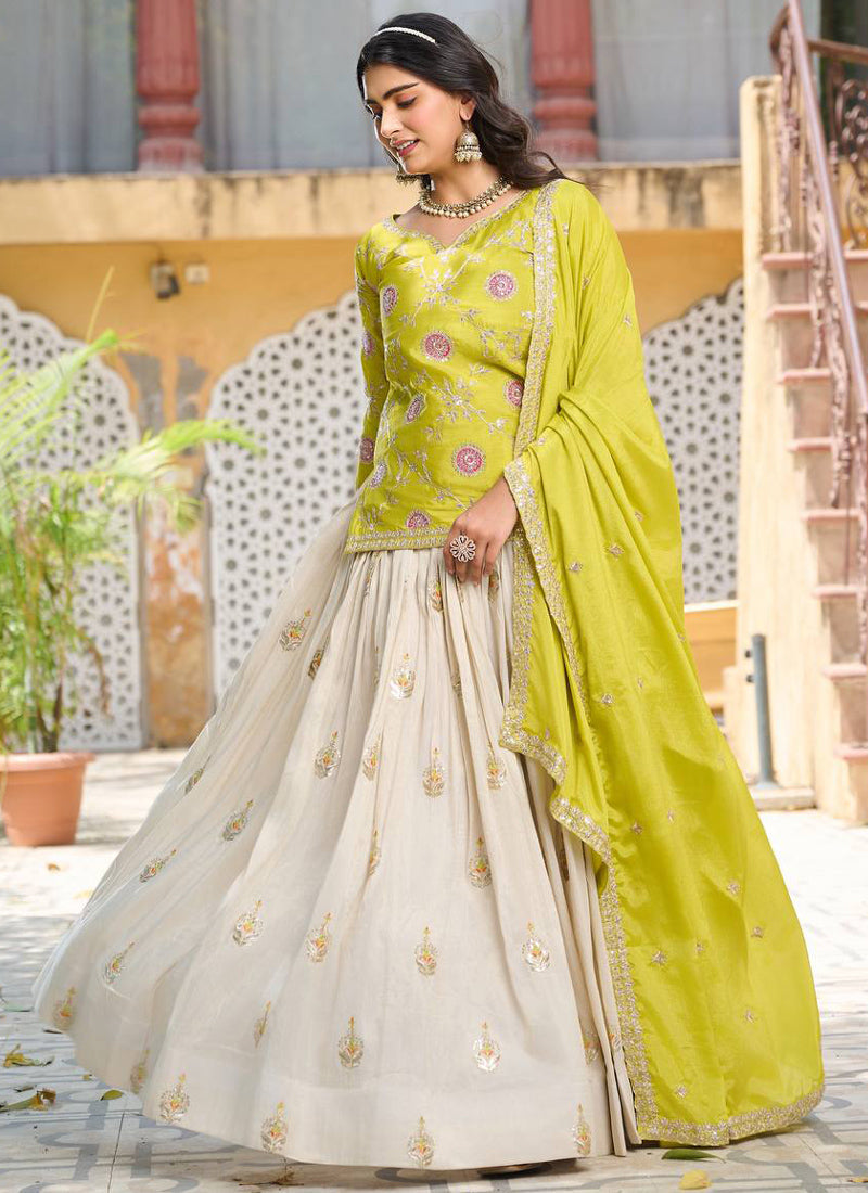 Vegaa Fashion Light Green Chinon Silk Embroidered Lehenga Style Suit