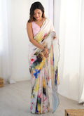 Vegaa Fashion Off White Chinon Printed Party Wear Saree