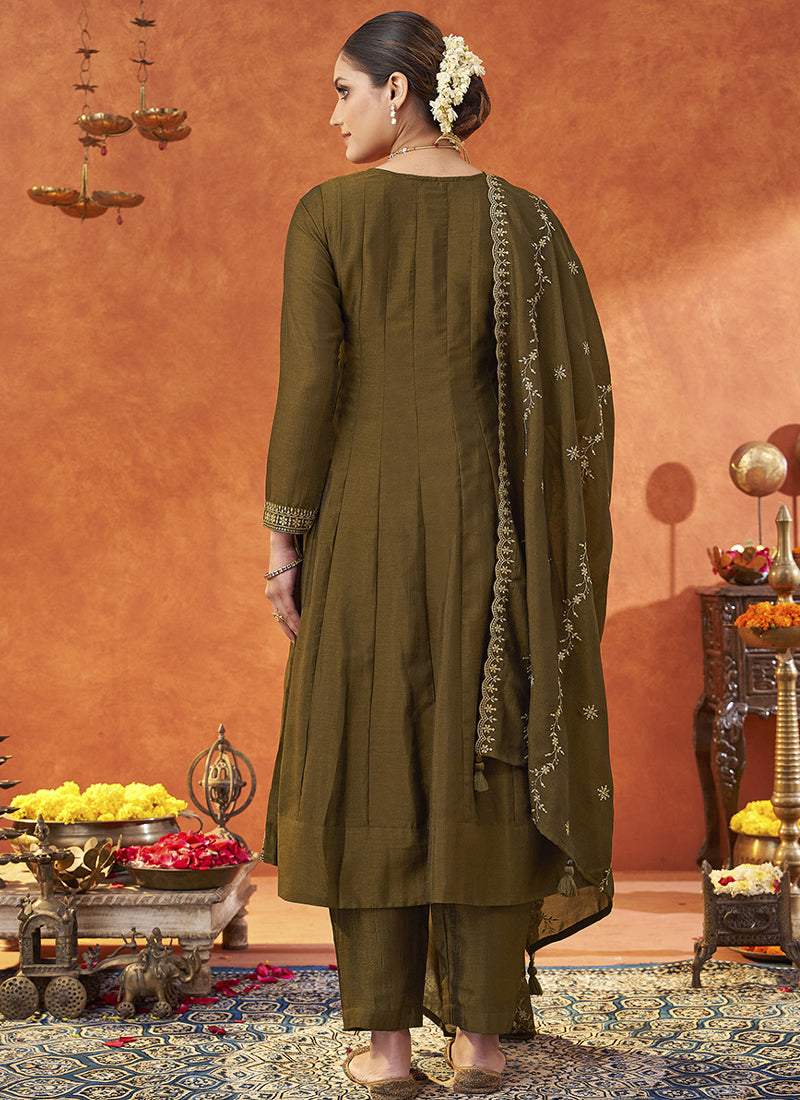 Vegaa Fashion Dark Golden Silk Blend Embroidered Designer Salwar Suit
