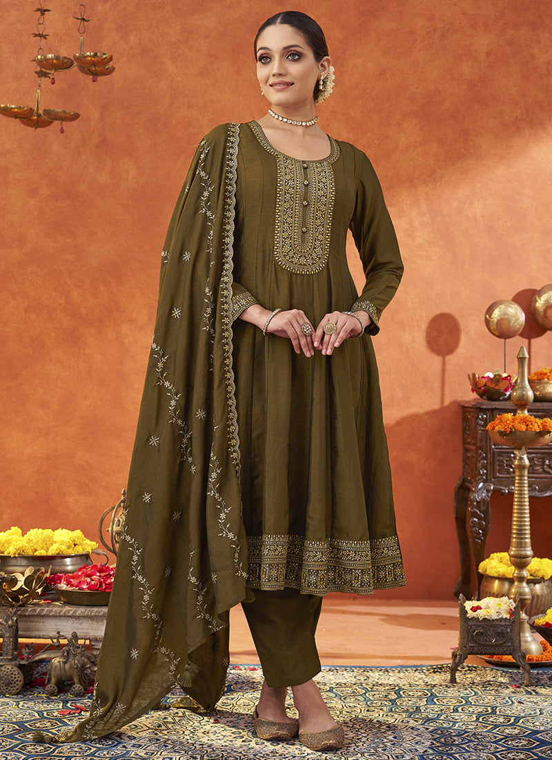 Vegaa Fashion Dark Golden Silk Blend Embroidered Designer Salwar Suit