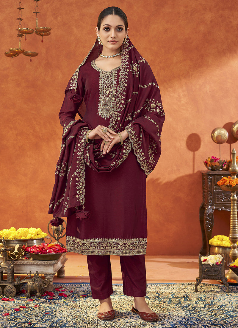 Vegaa Fashion Maroon Silk Blend Embroidered Designer Salwar Suit