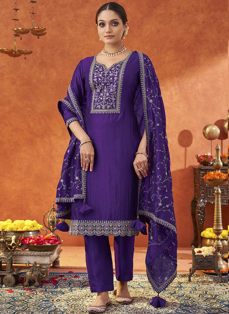 Vegaa Fashion Violet Silk Blend Embroidered Designer Salwar Suit