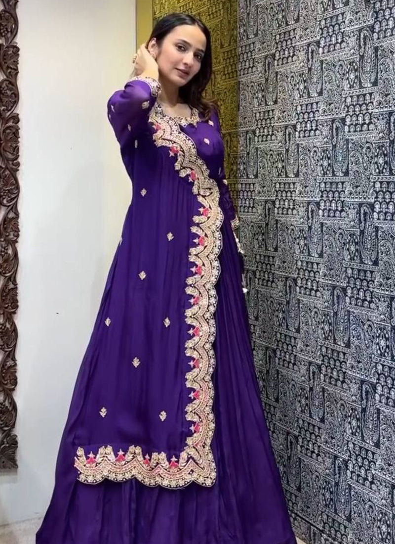Vegaa Fashion Violet Georgette Embroidered Designer Gown