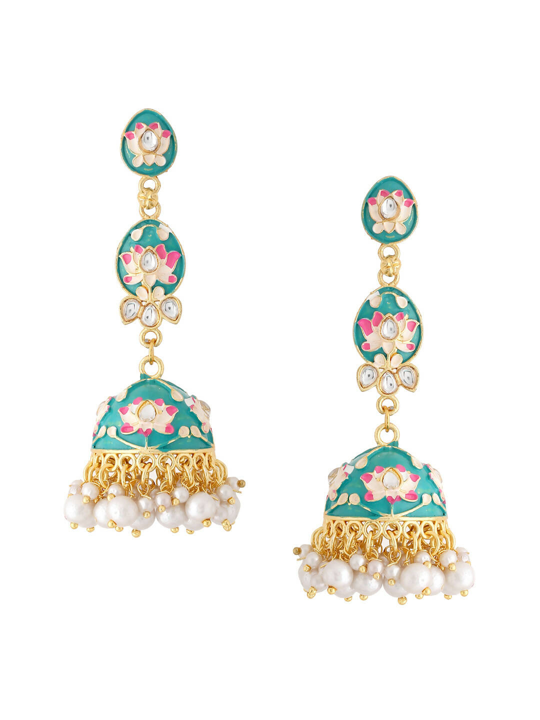 NVR Women Gold-Polished Blue Kundan Jhumkas Earrings