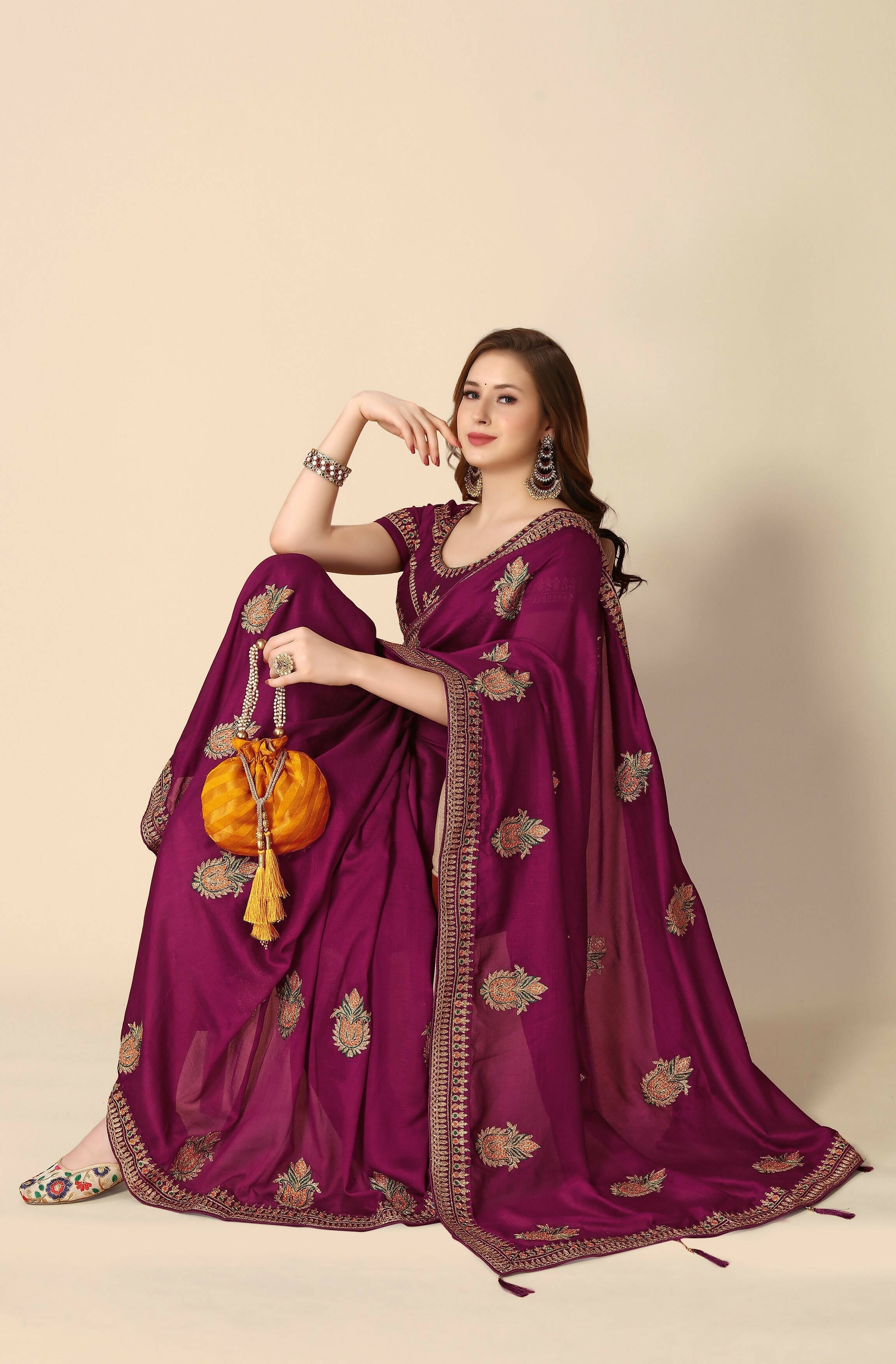 Wine Chinon Embroidered Saree with Unstitched Blouse Piece - Roozal