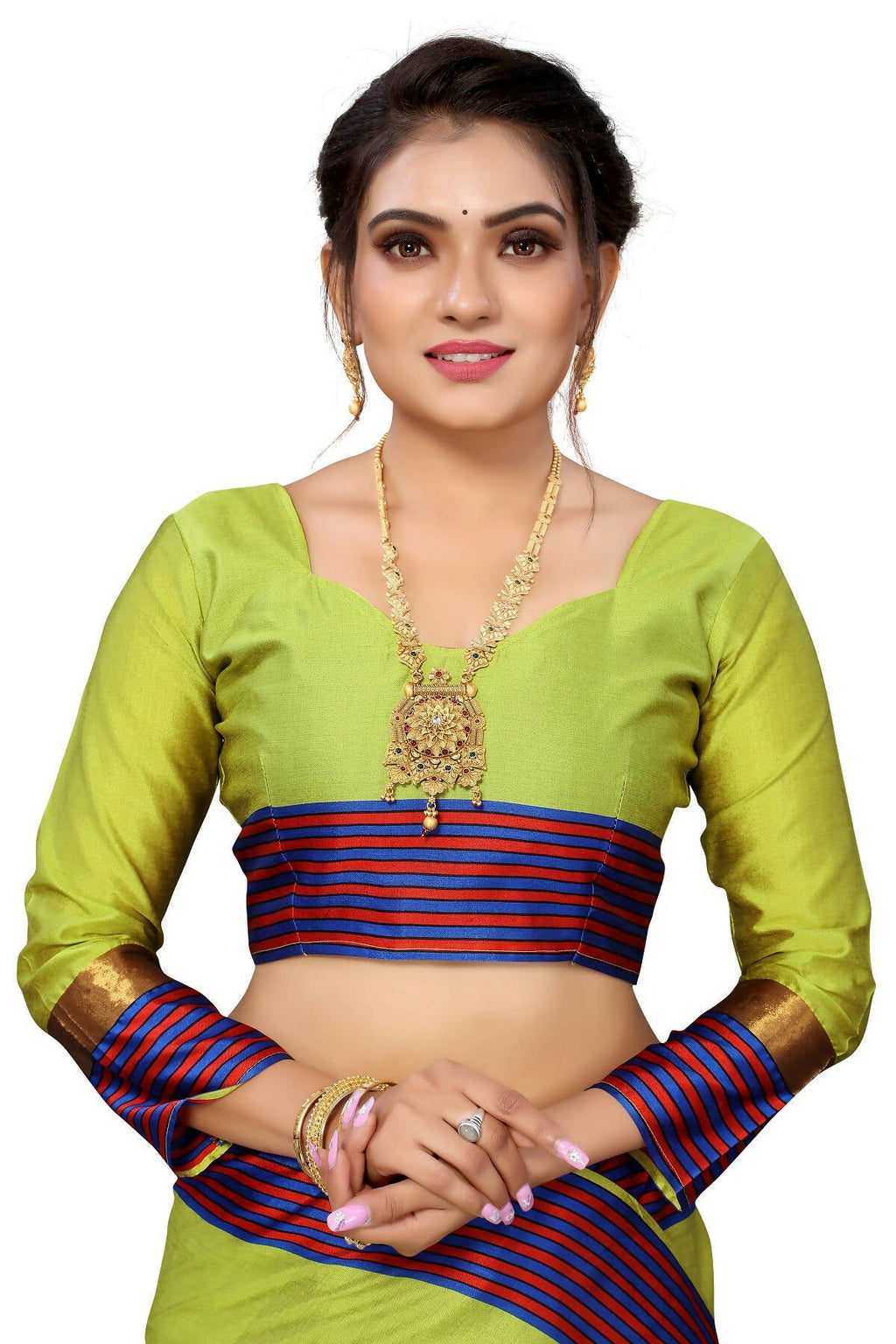 Vamika Ethnic Fire Parrot Green Cotton Silk Saree