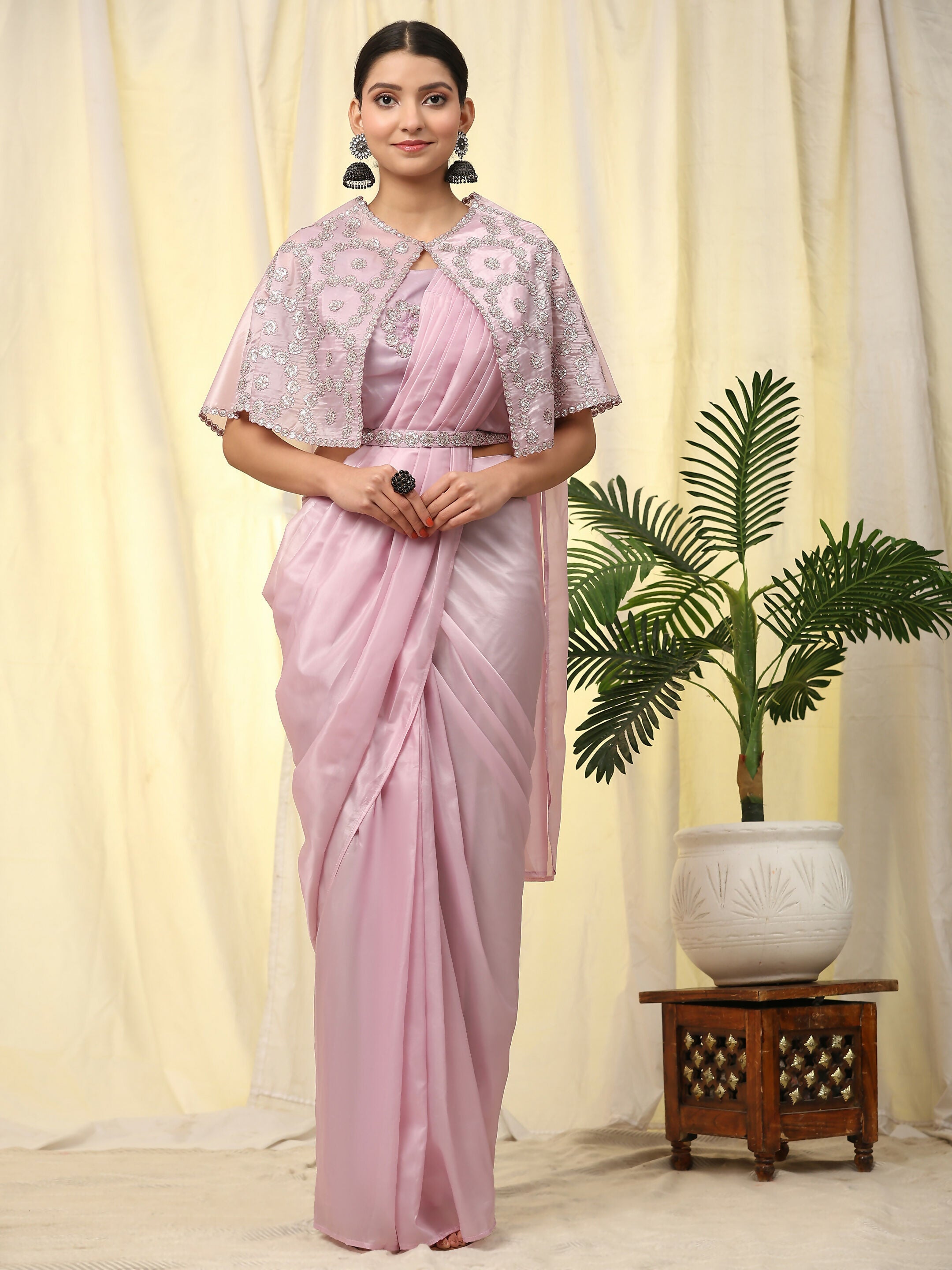 Light Lavendar Satin Solid Ready to wear Saree with stitched Blouse - Vanita