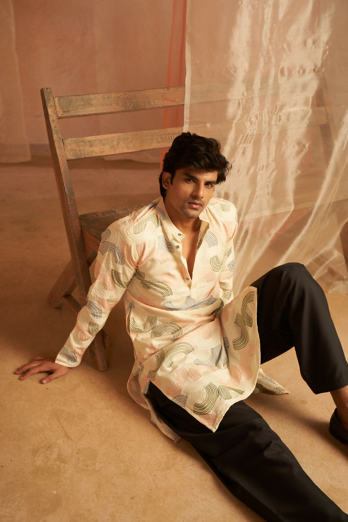 Cream Linen Designer Embroidery Work Men's Kurta Set - Mahotsav