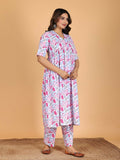 Aramya Pink Soft Cotton Floral Anarkali Kurta for Women