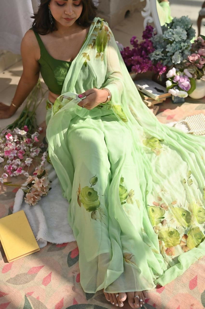 Exclusive Collection Beautiful Light Green Pure Cotton Hand Print Handloom Saree With Running Blouse Piece