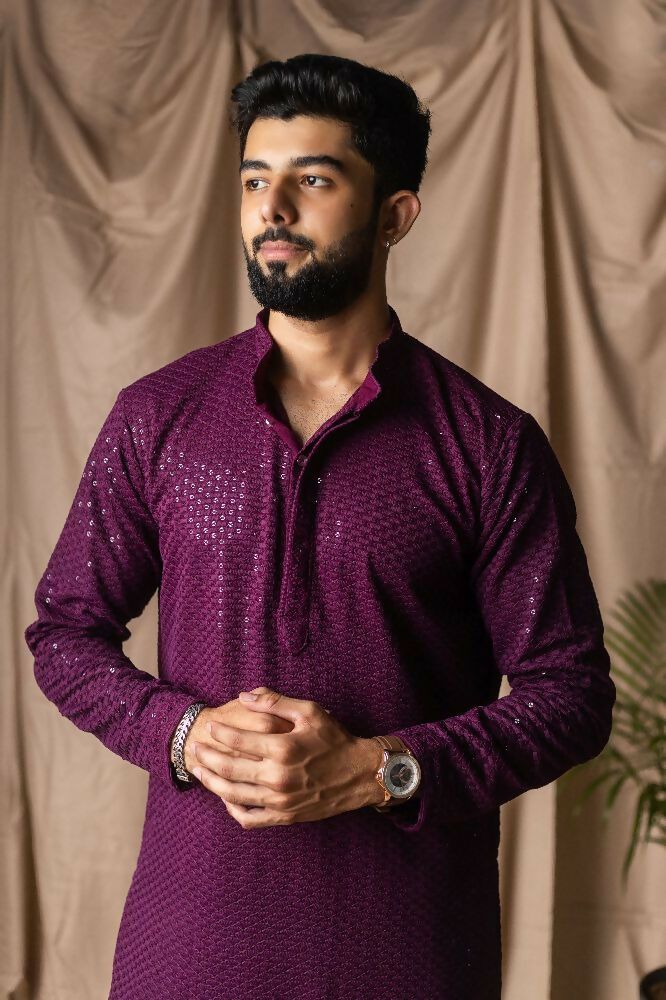 Wine Rayon Thread Embroidery Work Kurta Set - Mahotsav
