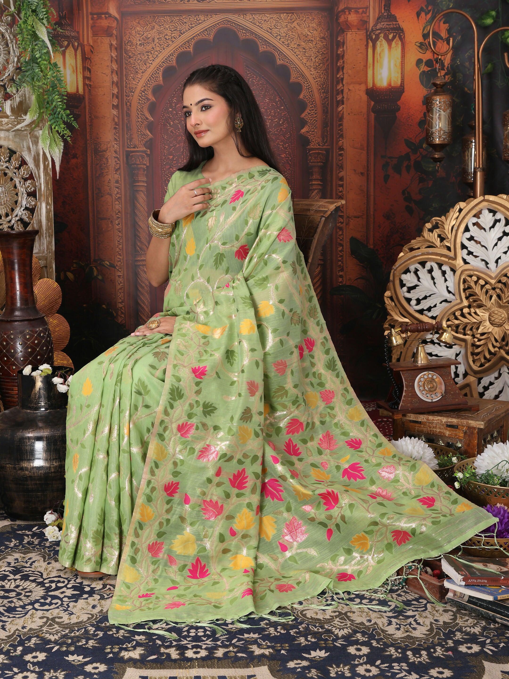 Shree Shyam Fashion Linen Cotton Green Saree