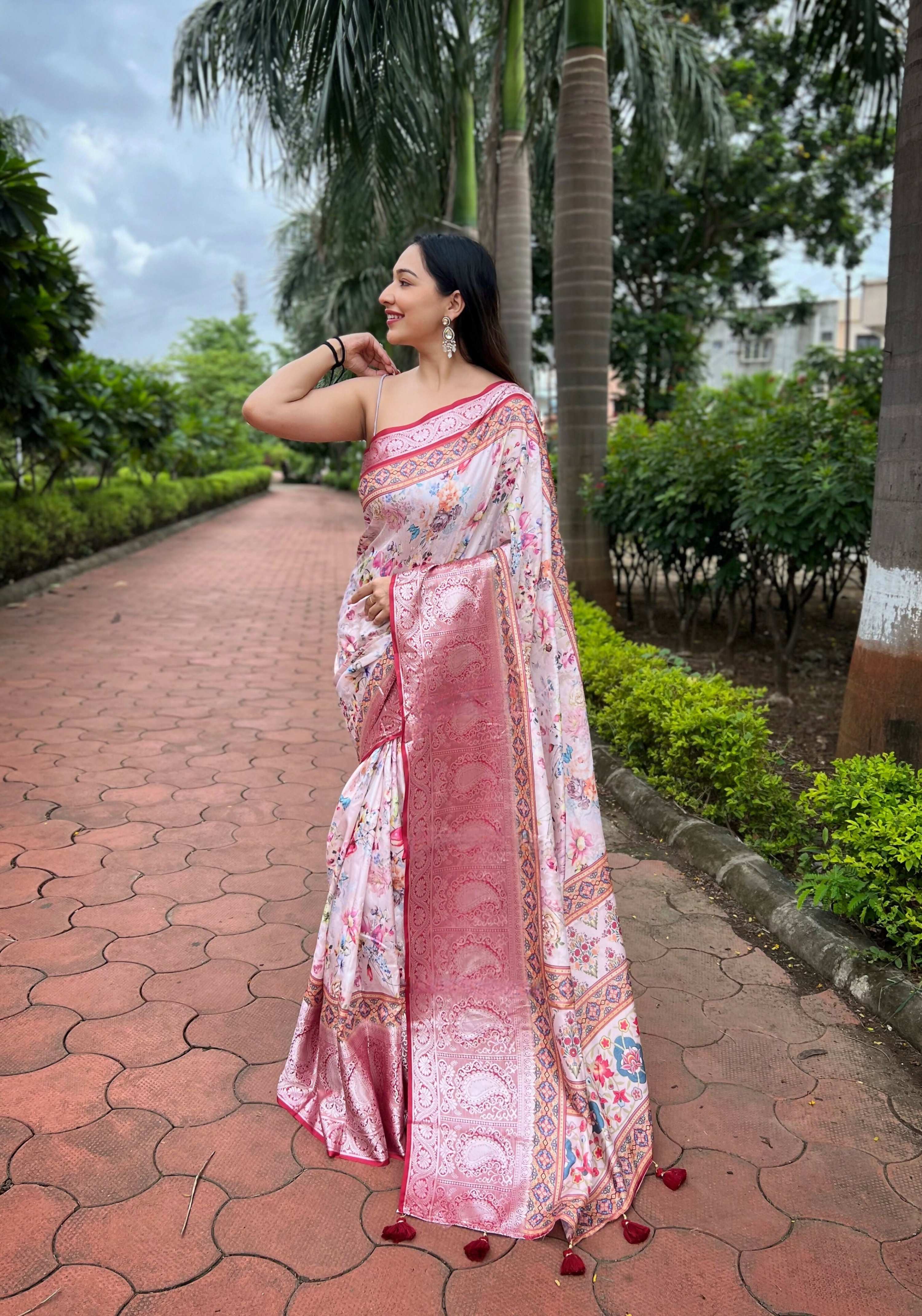 Vamsee Bhavi Red Tussar Dola Satin Silk Saree