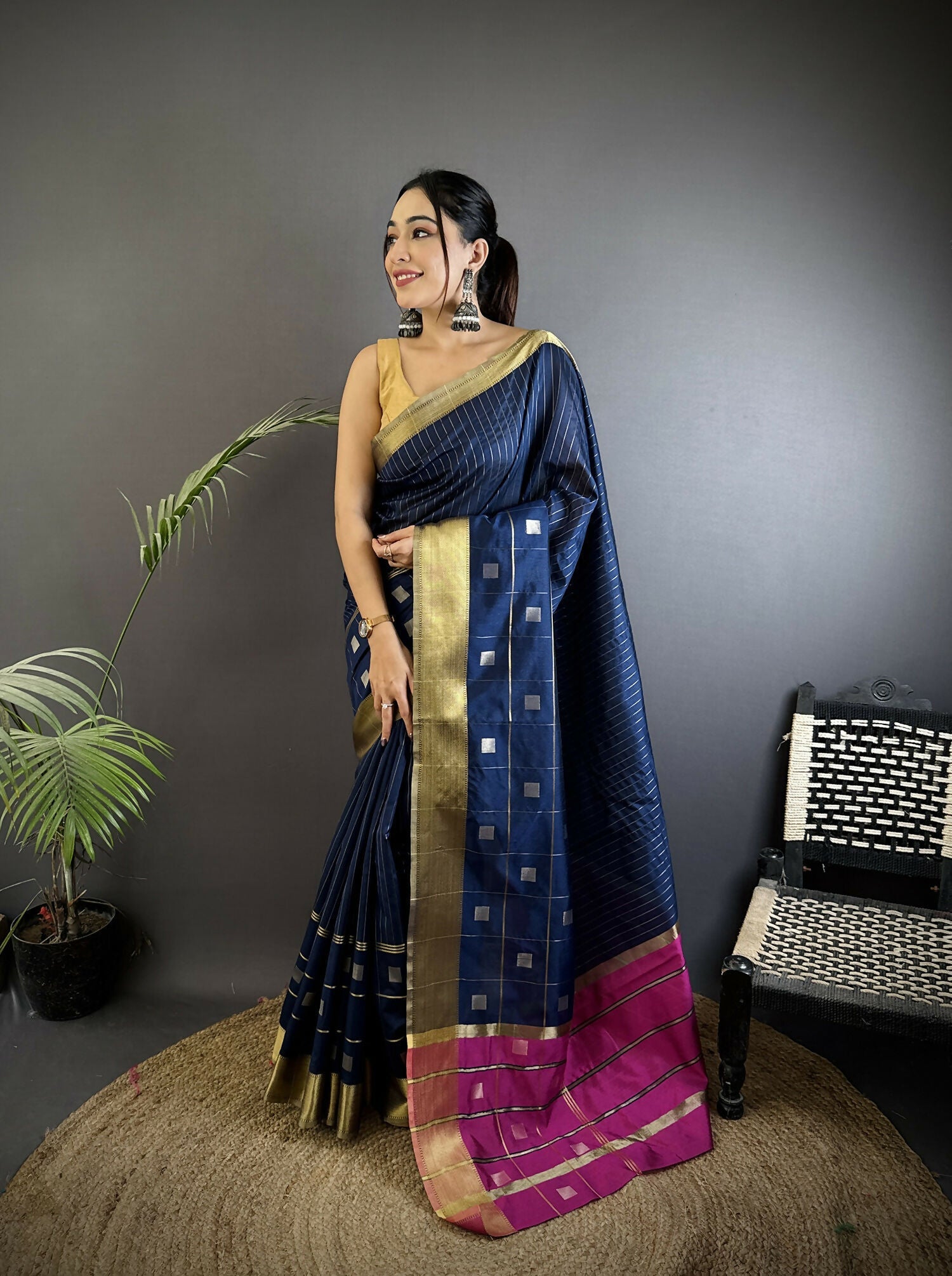 Joban Fashion Navy Blue Bhagalpuri Cotton Silk Stripes/Box Saree