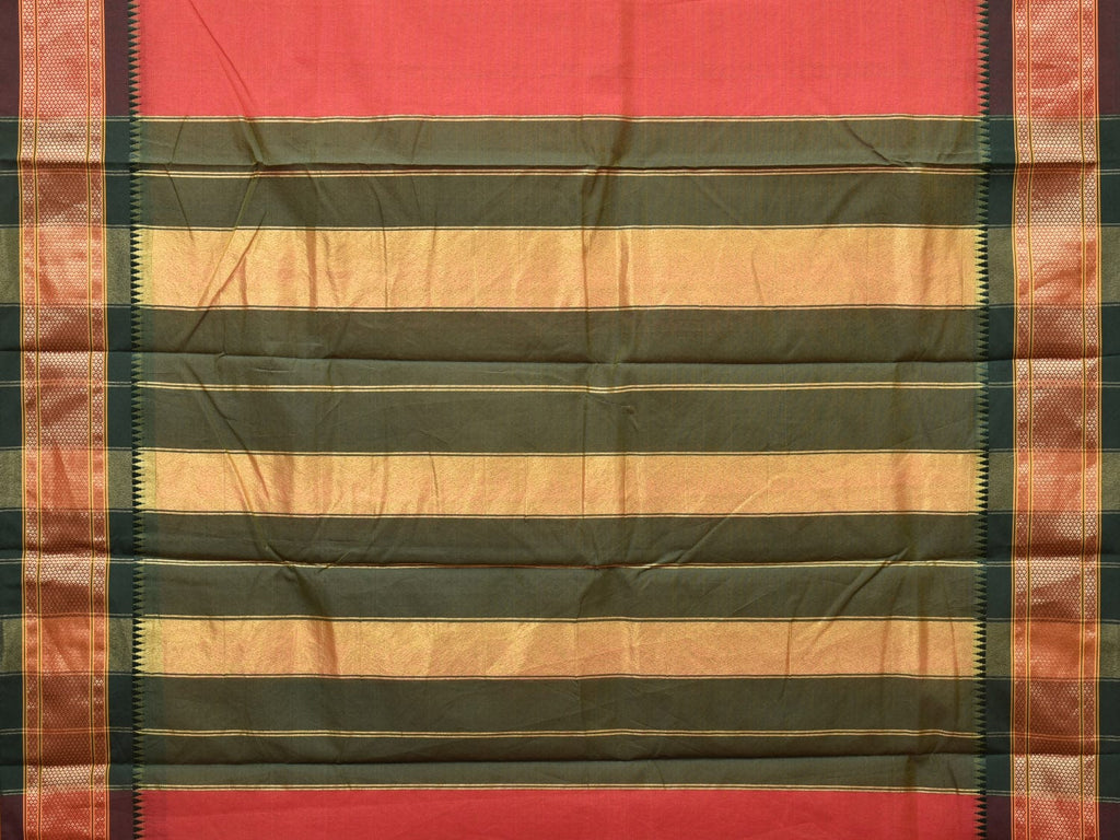 Peach and Green Bamboo Cotton Plain Saree with Strips Pallu Design No Blouse - Global Threads