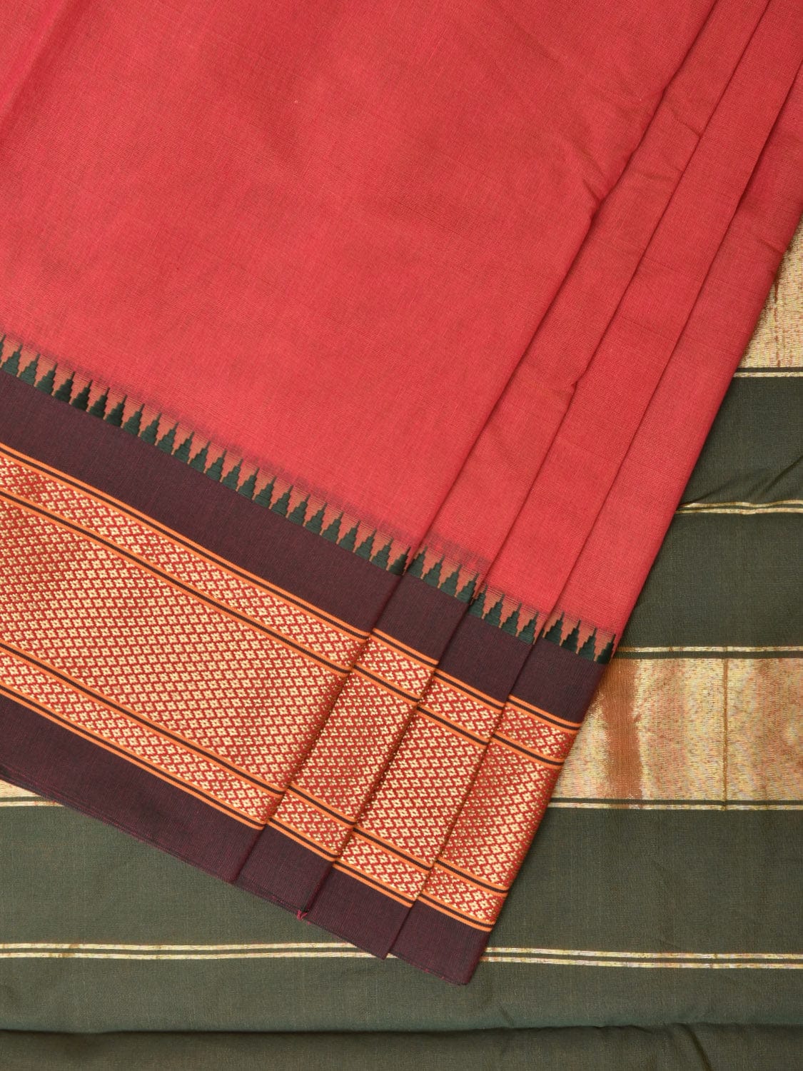 Peach and Green Bamboo Cotton Plain Saree with Strips Pallu Design No Blouse - Global Threads