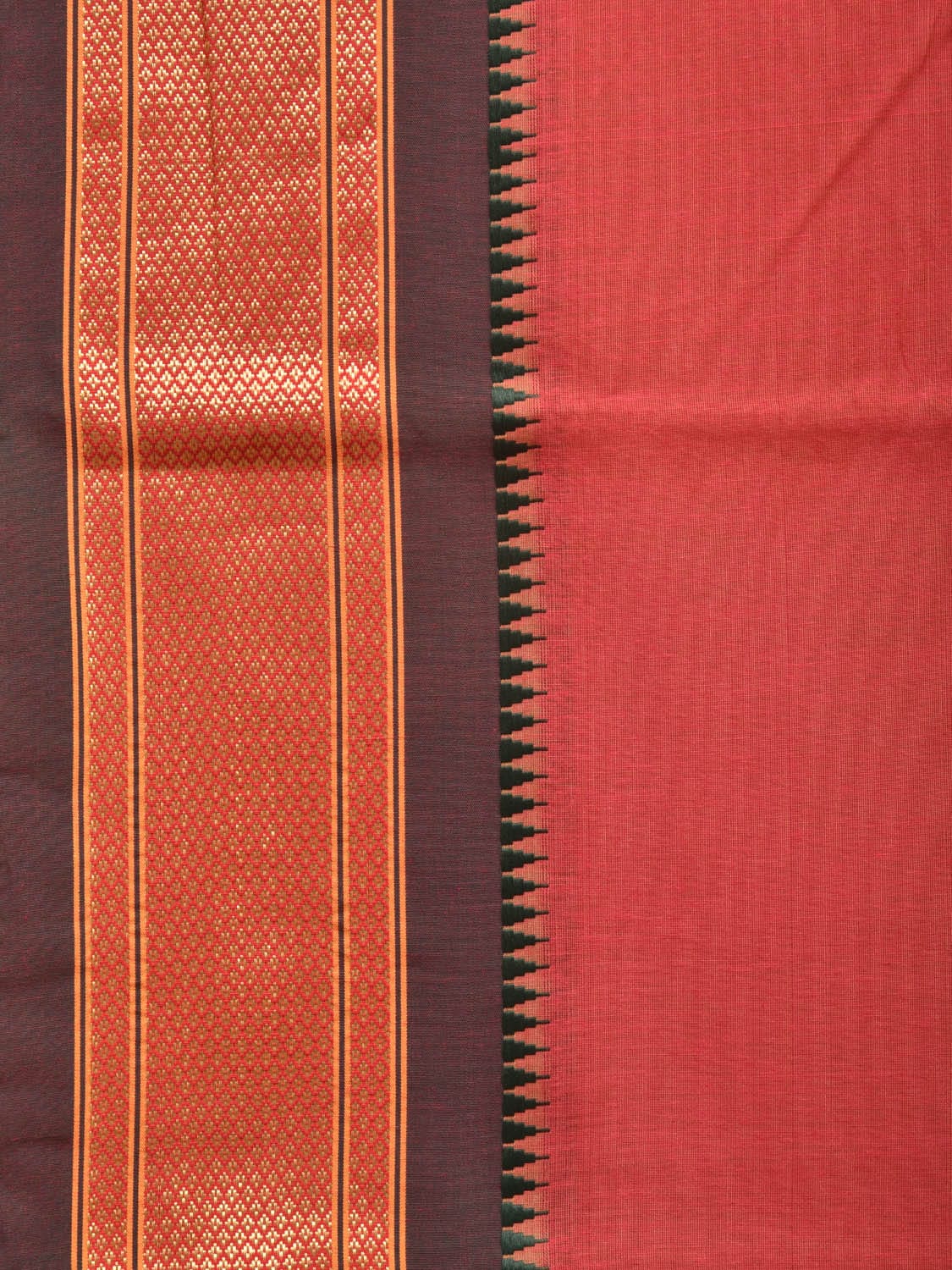 Peach and Green Bamboo Cotton Plain Saree with Strips Pallu Design No Blouse - Global Threads