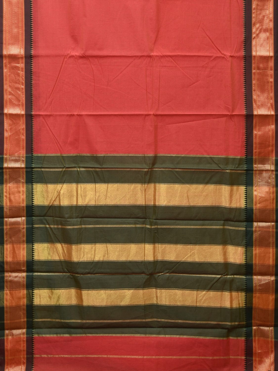 Peach and Green Bamboo Cotton Plain Saree with Strips Pallu Design No Blouse - Global Threads
