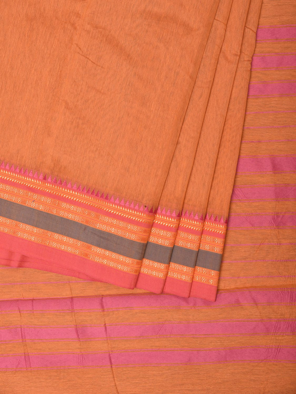 Peach Bamboo Cotton Plain Saree with Border Design No Blouse - Global Threads
