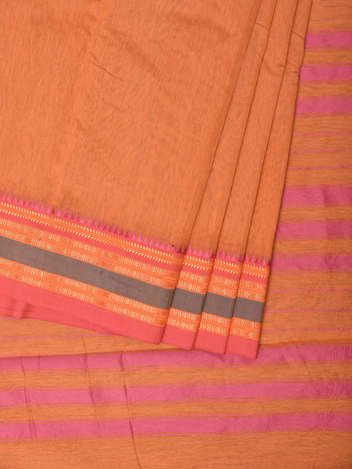 Peach Bamboo Cotton Plain Saree with Border Design No Blouse - Global Threads