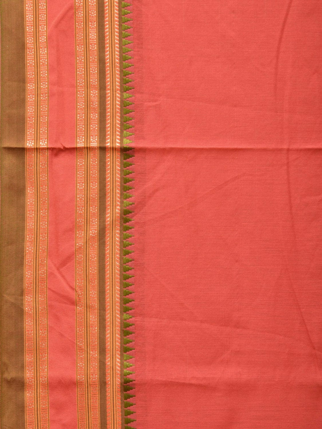 Peach Bamboo Cotton Plain Saree with Strips Pallu Design No Blouse - Global Threads
