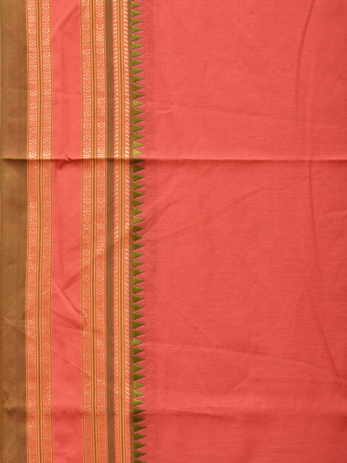 Peach Bamboo Cotton Plain Saree with Strips Pallu Design No Blouse - Global Threads