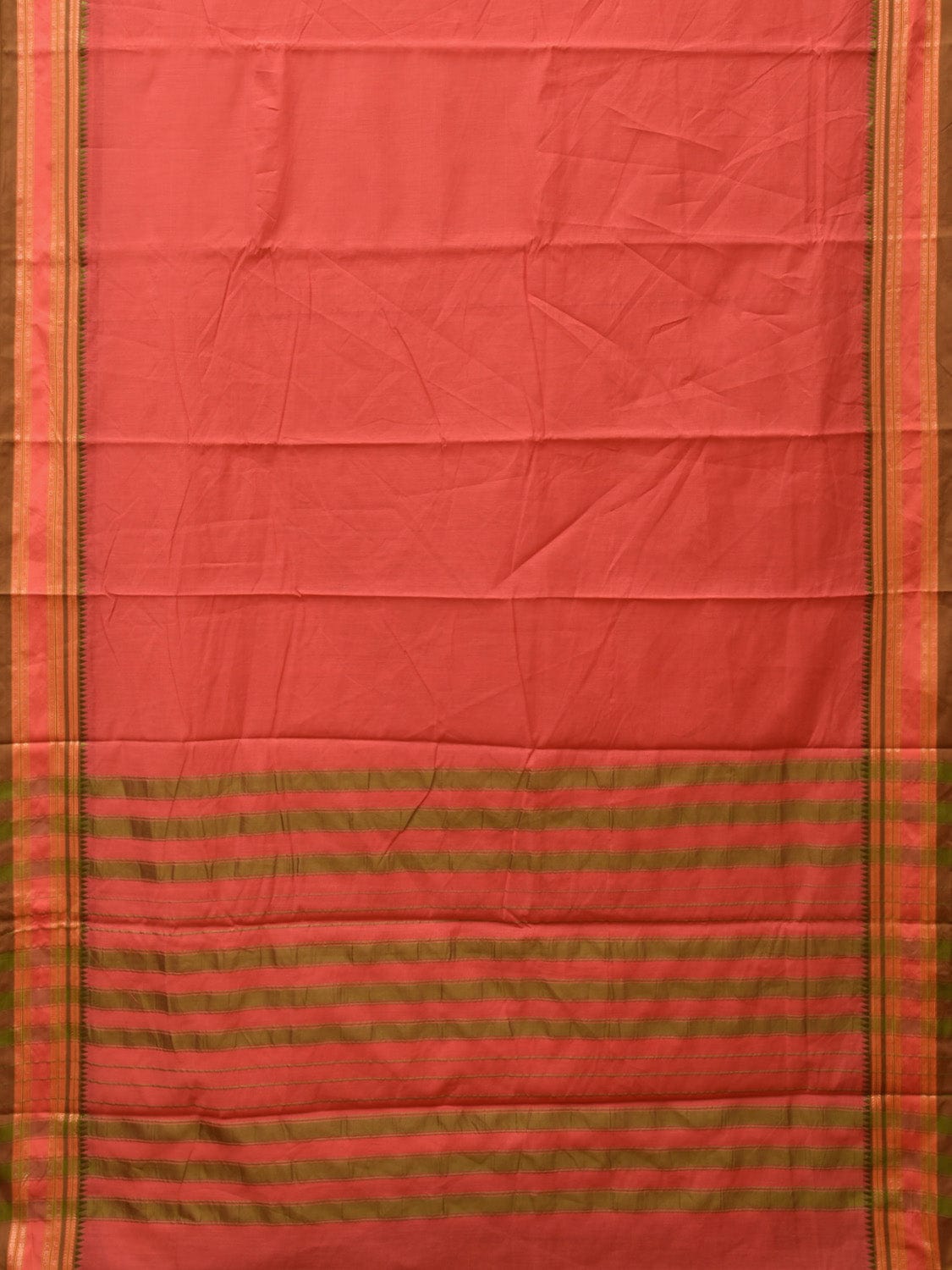 Peach Bamboo Cotton Plain Saree with Strips Pallu Design No Blouse - Global Threads