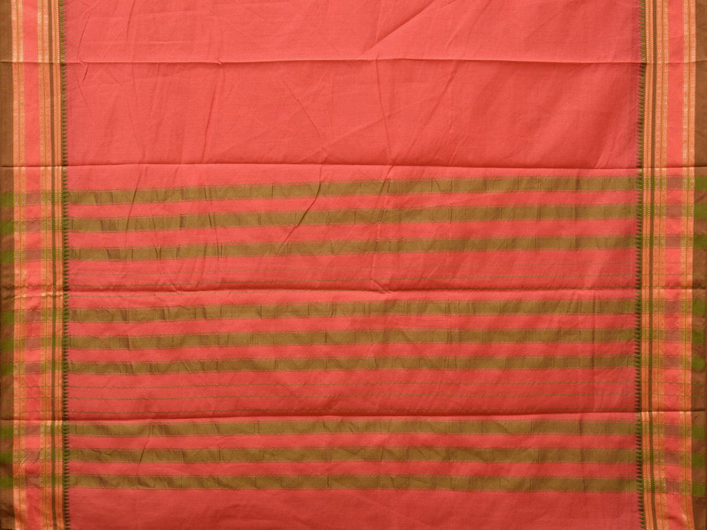 Peach Bamboo Cotton Plain Saree with Strips Pallu Design No Blouse - Global Threads